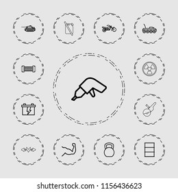 Power icon. collection of 13 power outline icons such as battery, drill, kettle bell, barrel, muscle, motorcycle, military car, tank. editable power icons for web and mobile.