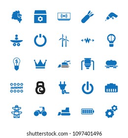 Power icon. collection of 25 power filled icons such as jackpot, gear, drill, tractor, pylon, cargo wagon, plug, switch off. editable power icons for web and mobile.