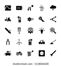Power icon. collection of 25 power filled icons such as forklift, electric saw, pump, motorcycle, no charge, solar panel, rocket bomb. editable power icons for web and mobile.