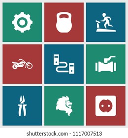 Power icon. collection of 9 power filled icons such as cable, plug socket, motorcycle, gear    sign symb, lion, treadmill, pliers. editable power icons for web and mobile.