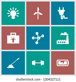 Power icon. collection of 9 power filled icons such as barbell, arm lever, broken battery, plug, bulb, mill, atom. editable power icons for web and mobile.