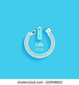 Power icon, concept background design, battery icon with USB cable and a charger and forming a power button on blue background, vector illustration