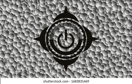 power icon inside black emblem with grey bubbles background. Vector Illustration. Detailed.