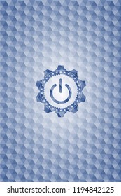 power icon inside blue emblem or badge with abstract geometric polygonal pattern background.