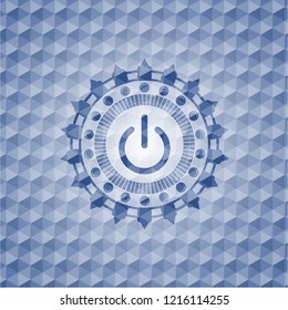 power icon inside blue emblem with geometric pattern background.