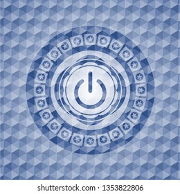 power icon inside blue emblem or badge with abstract geometric pattern background.