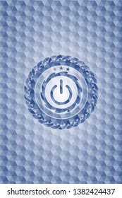 power icon inside blue emblem or badge with geometric pattern background.