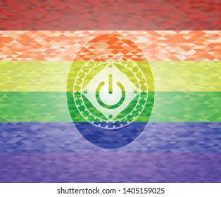 power icon inside emblem on mosaic background with the colors of the LGBT flag