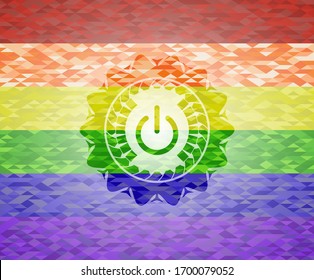 power icon inside emblem on mosaic background with the colors of the LGBT flag