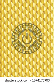 power icon inside gold shiny badge. Scales pattern. Vector Illustration. Detailed.