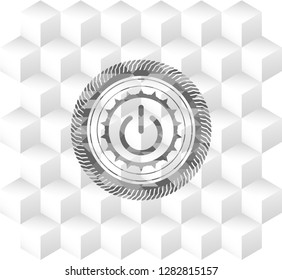 power icon inside grey badge with geometric cube white background