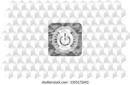 power icon inside grey badge with geometric cube white background