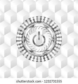 power icon inside grey icon or emblem with geometric cube white background