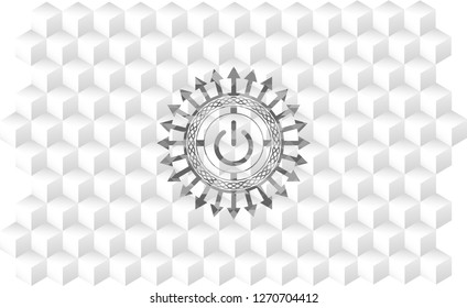 power icon inside grey icon or emblem with geometric cube white background