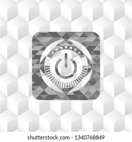power icon inside grey icon or emblem with geometric cube white background