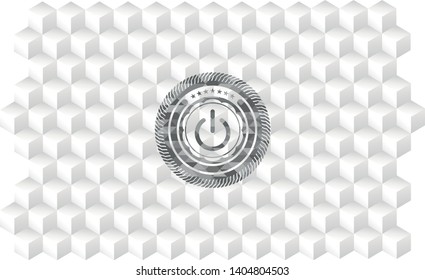 power icon inside grey emblem. Vintage with geometric cube white background