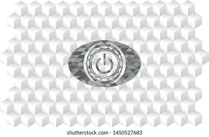 power icon inside grey icon or emblem with geometric cube white background