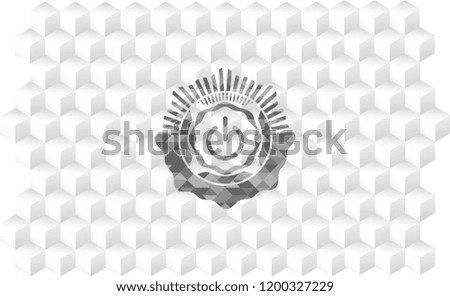 power icon inside grey emblem with cube white background