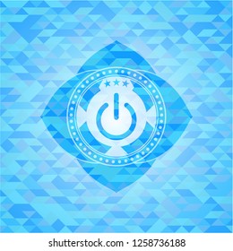power icon inside light blue emblem with triangle mosaic background