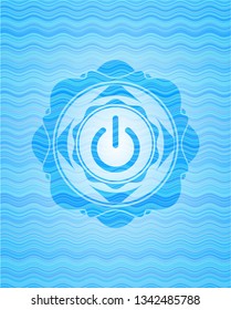 power icon inside light blue water wave emblem.