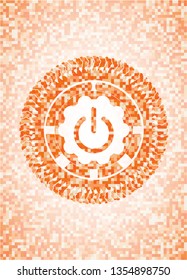 power icon inside orange tile background illustration. Square geometric mosaic seamless pattern with emblem inside.