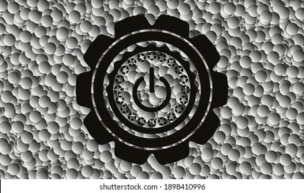 power icon inside realistic black emblem with grey bubbles background. Vector Illustration. Detailed. 