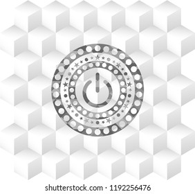 power icon inside realistic grey emblem with geometric cube white background