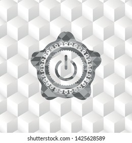 power icon inside realistic grey emblem with cube white background