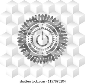 power icon inside retro style grey emblem with geometric cube white background