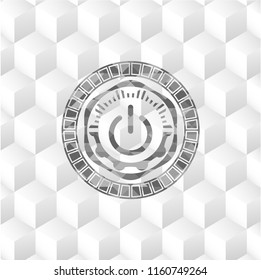 power icon inside retro style grey emblem with geometric cube white background