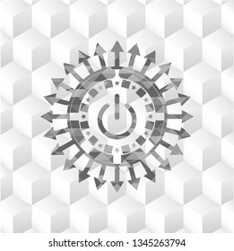 power icon inside retro style grey emblem with geometric cube white background