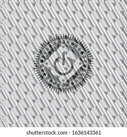 power icon inside shiny silver emblem. Scales pattern. Vector Illustration. Detailed.