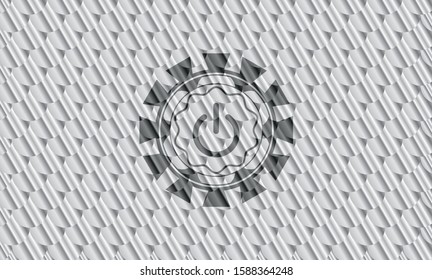 power icon inside silver color badge or emblem. Scales pattern. Vector Illustration. Detailed.