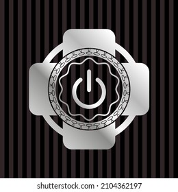 power icon inside silver emblem or badge. 