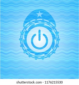 power icon inside sky blue water wave style emblem.