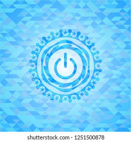 power icon inside sky blue emblem with triangle mosaic background