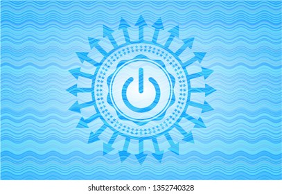 power icon inside sky blue water wave badge background.