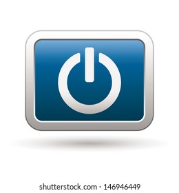 Power icon on the blue with silver rectangular button. Vector illustration