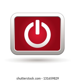 Power icon on the red with silver rectangular button. Vector illustration