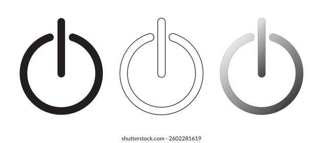 Power icon option in three styles. Symbol, power button logo. Three simple power pictograms: on, off. EPS 10. Vector illustration