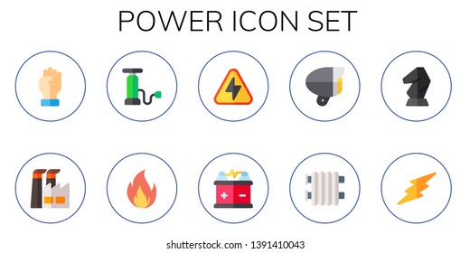 power icon set. 10 flat power icons.  Collection Of - motivation, factory, pump, flame, high voltage, battery, lamp, radiator, horse, lightning
