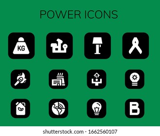 power icon set. 12 filled power icons.  Simple modern icons such as: Weight, Torch, Fuel, Bench press, Factory, Geothermal, Lamp, Motivation, Idea, Pliers, Lightbulb, Bold