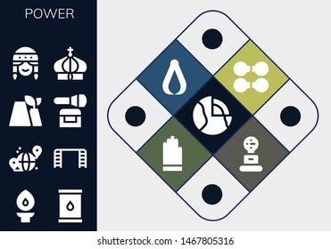 power icon set. 13 filled power icons.  Simple modern icons about  - Geothermal, Torch, Oil, Grid, Ladder, Factory, Powder, Fan, Crown, Dumbbell, Pliers, Gloves, Weight