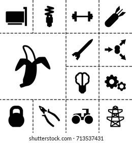 Power icon. set of 13 filled power icons such as tractor, pliers, pylon, barbell, banana, fluorescent lamp, rocket bomb, gear, atom move, brain bulb