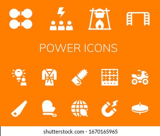 conjunto de iconos de alimentación. 14 iconos de alimentación rellenos. Incluidos Dumbbell, Motivación, Fuego, Escalera, Saw, Idea, Guantes, Judo, Ecología, Chainsaw, Magnetismo, Quemador, Címbalos, Cuatro íconos