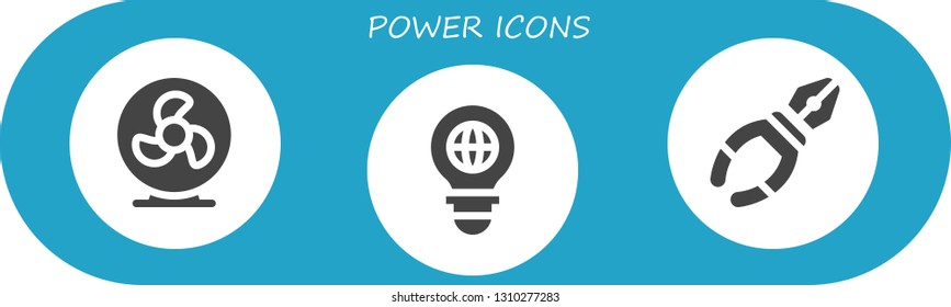 power icon set. 3 filled power icons.  Simple modern icons about  - Fan, Bulb, Pliers