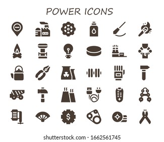 Leistungs-Icon-Set. 30 gefüllte Power-Symbole.  Einfache, moderne Symbole wie: Diminish, Factory, Gear, Conditioner, Pendulum, Torch, Campfire, Tesla coil, Idea, Puck, Manipulator, Kettle