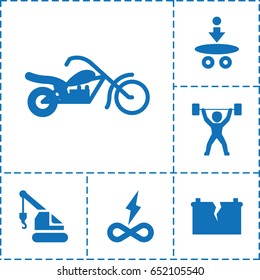 Power icon. set of 6 power filled icons such as crane, broken battery, power lifter, motorcycle, atom