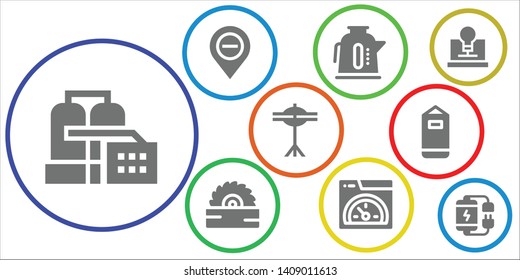 power icon set. 9 filled power icons.  Simple modern icons about  - Factory, Diminish, Kettle, Saw, Speed, Cymbals, Punching bag, Creativity, Battery