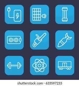 Power icon. set of 9 outline power icons such as chain saw, cargo wagon, battery, solar panel, rocket bomb, atom, endless battery, barbell